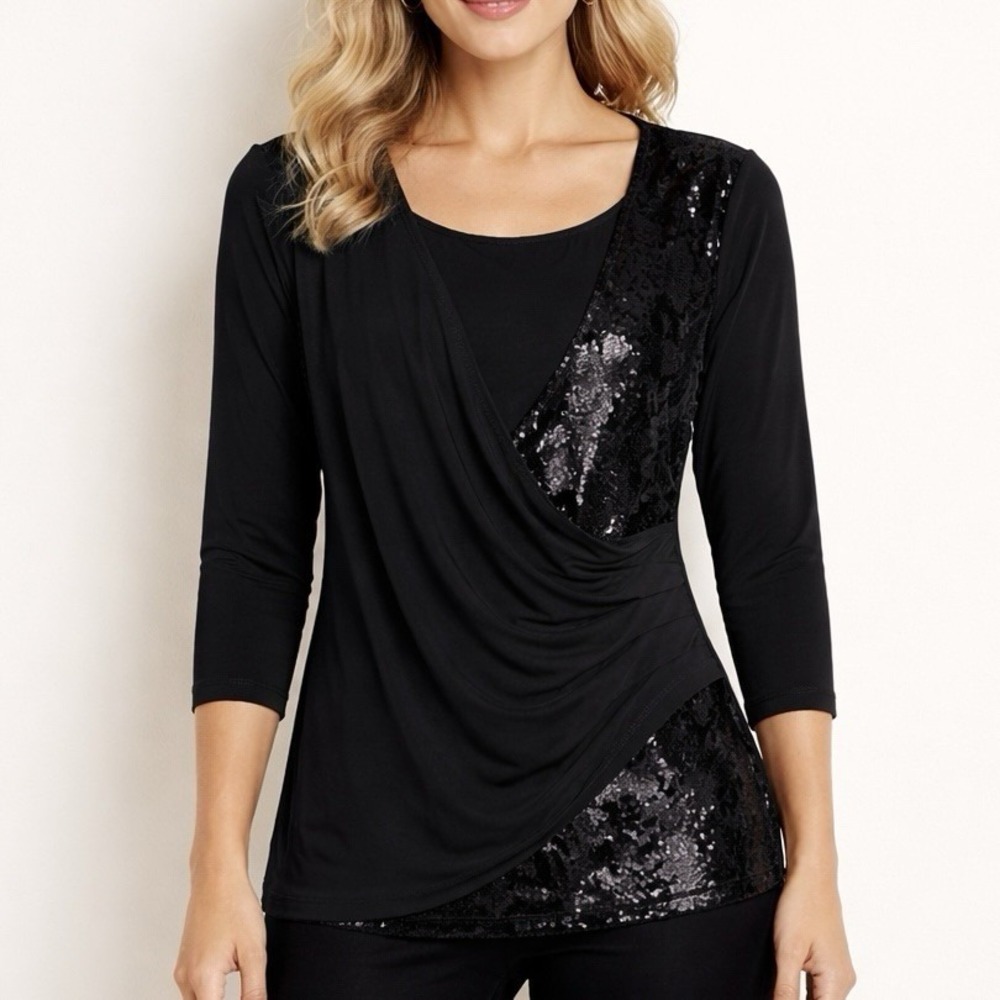 Picadilly Fashions Women's Sequin Mesh Ruched Blouse Black Whimsigoth Size M
